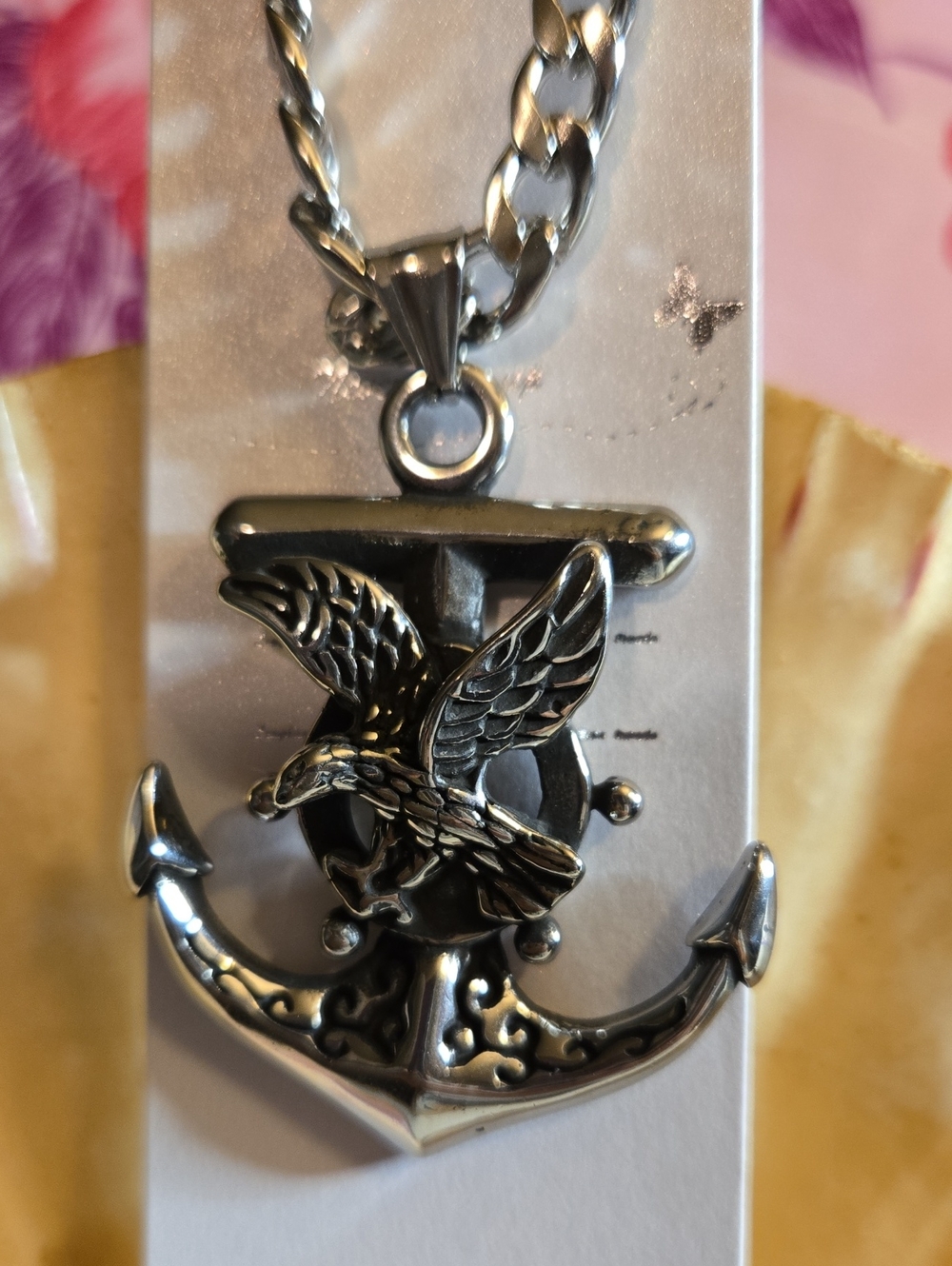 Stainless Steel Large Anchor Pendant Necklace with Eagle - Silver